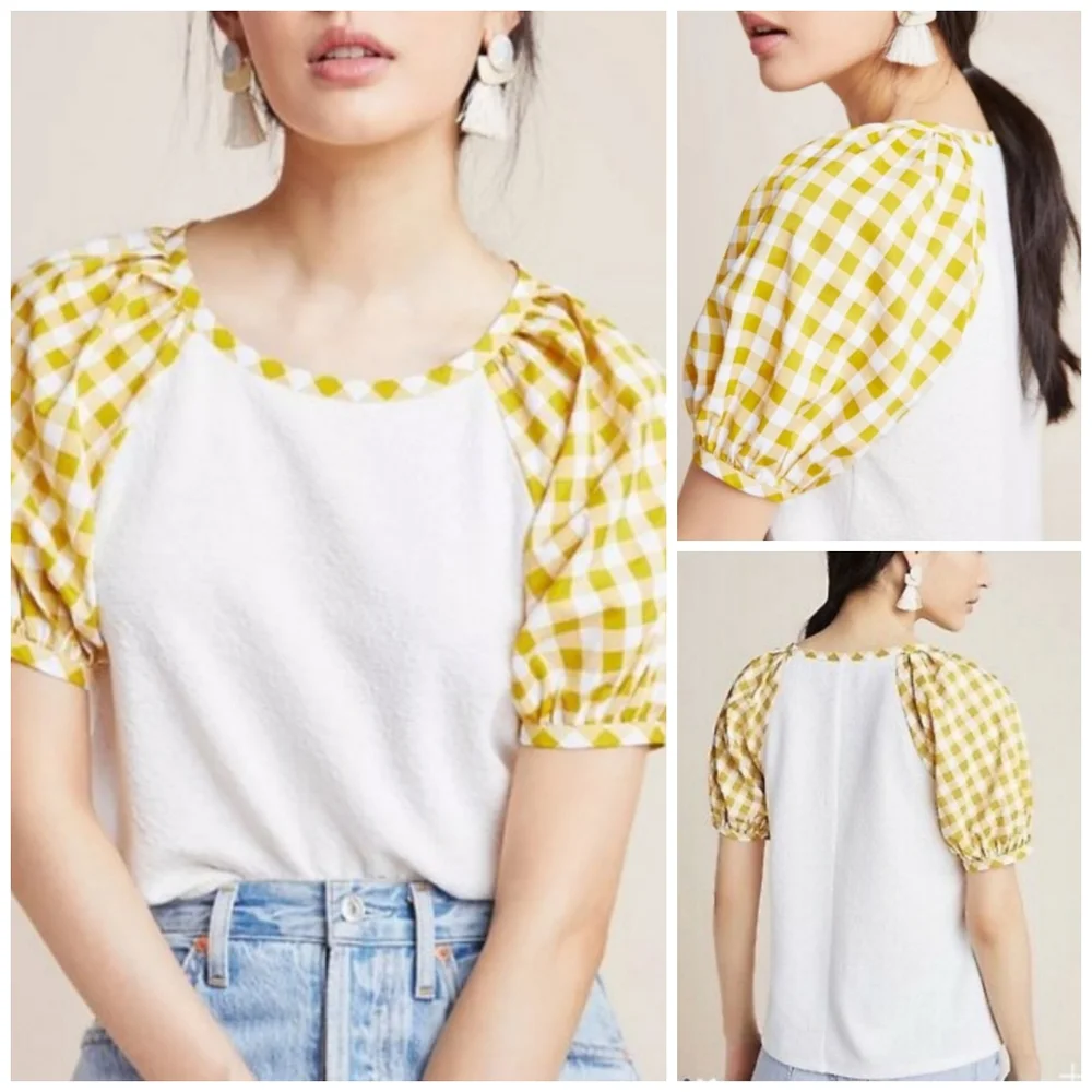 Anthro Sunday in Brooklyn | White Yellow Gingham Puff Sleeve Top Med